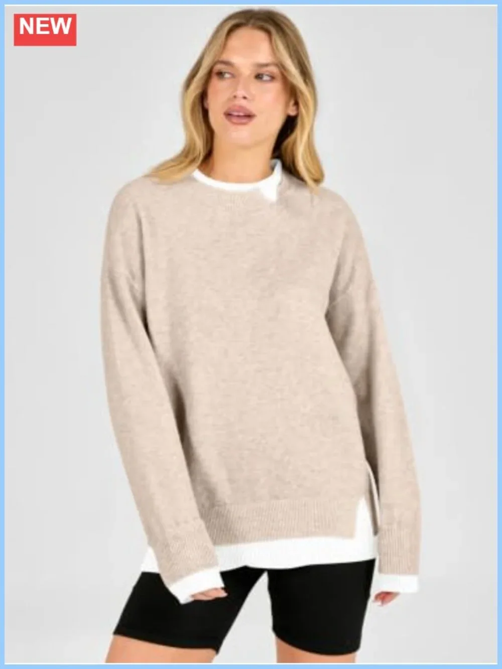 Oversized Patchwork Sweater Women Crewneck 2-in-1 Knit Top Teacher Fall